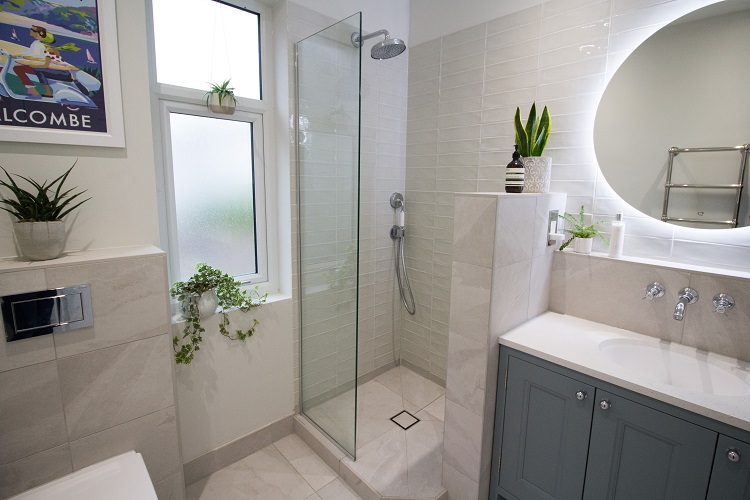 Bathroom with grey storage